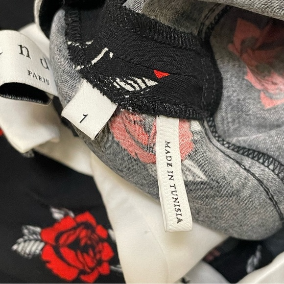 Sandro Lulu Rose Print Dress Short Sleeve Open Back Black White Red Sz 1 Small - Picture 8 of 9